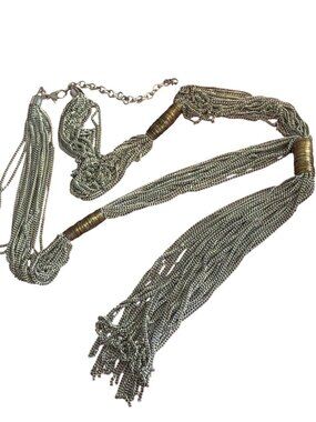 Silver Tone Multi Strand Chain Necklace Gold Tone Wire Wrapped Stations Adj 29"
